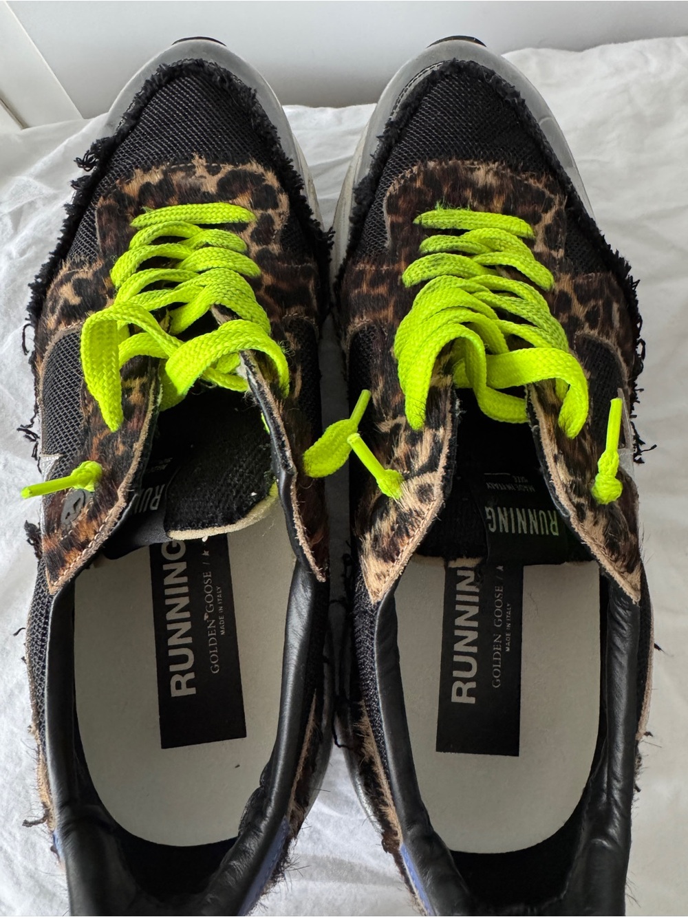 Golden Goose Leopard Haircalf Sneakers with Silver Star and Neon Yellow Laces